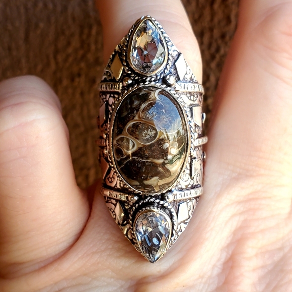 New Turtella Agate Fossil & White Topaz 925 Silver Statement Ring. - Picture 3 of 16